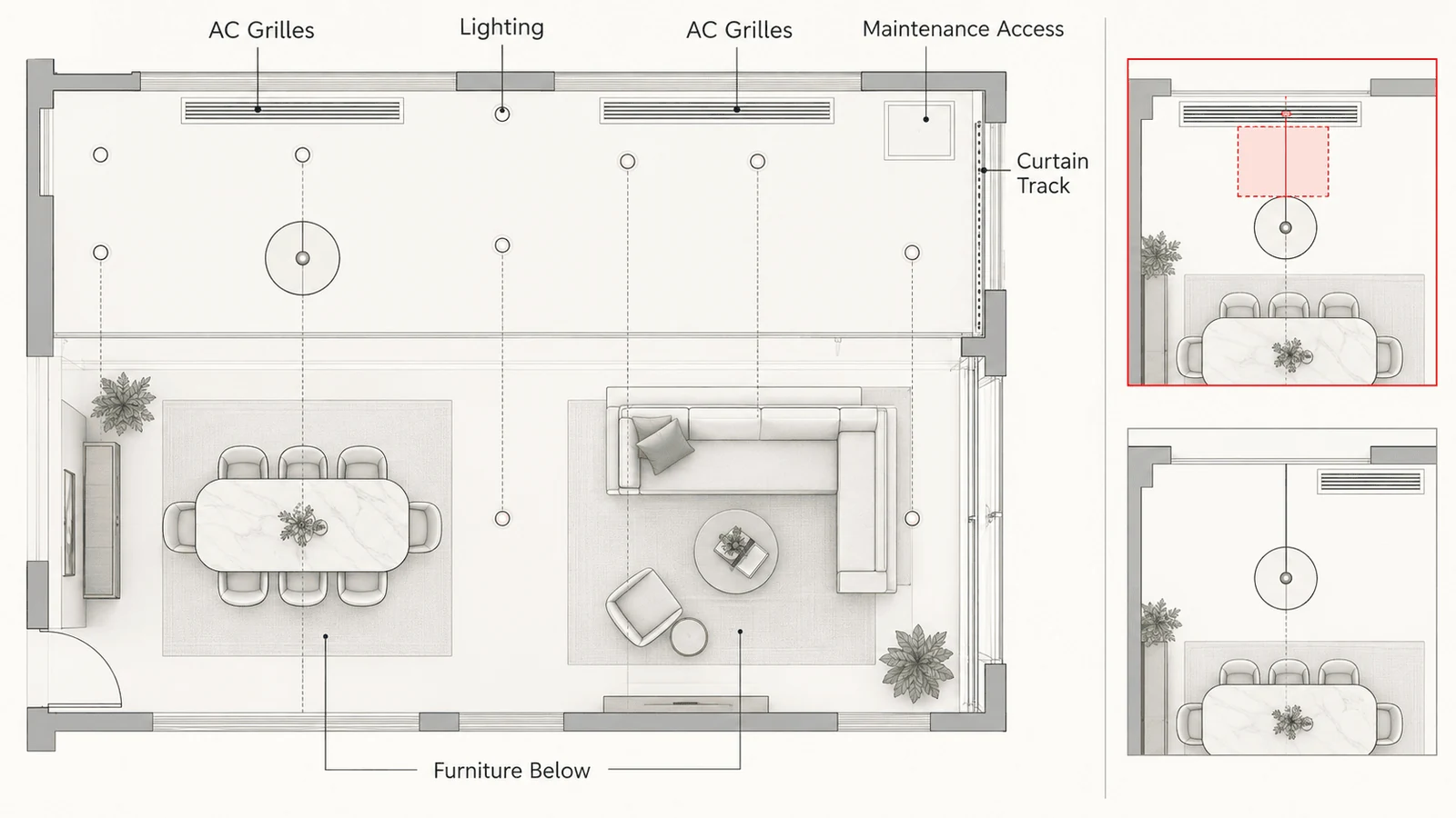 a ceiling plan that coordinates lights ac grilles curtains and maintenance access turnkey modern villa interior in dubai