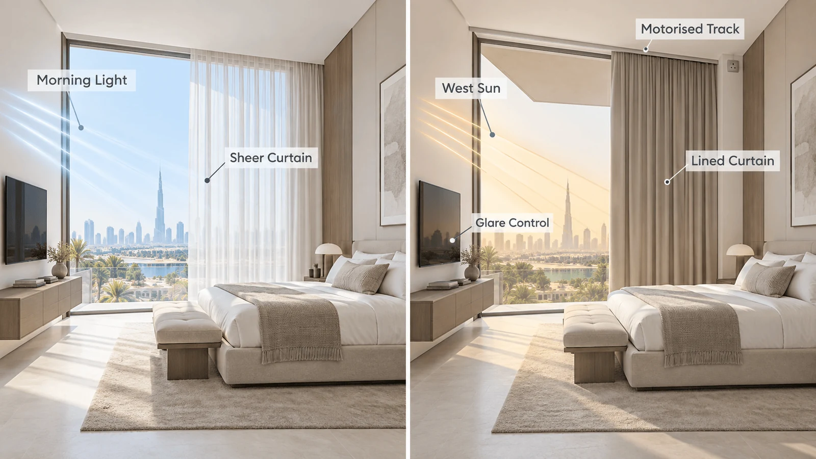 daylight and curtain control chosen for each rooms direction and use turnkey modern villa interior in dubai