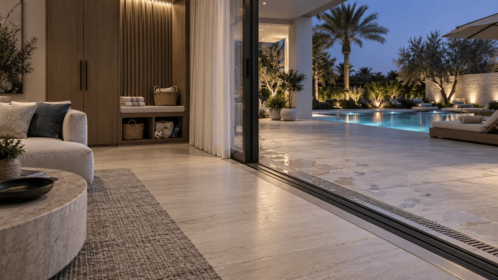 a pool and garden entrance ready for sand wet feet and night turnkey modern villa interior in dubai