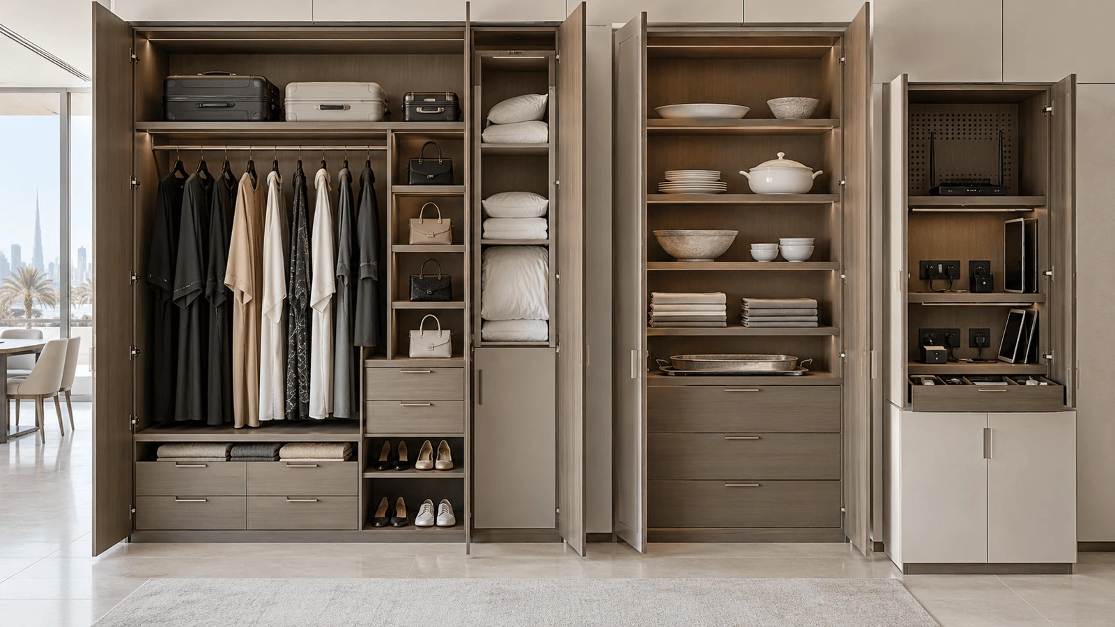 storage measured for abayas kanduras luggage and serving ware turnkey modern villa interior in dubai