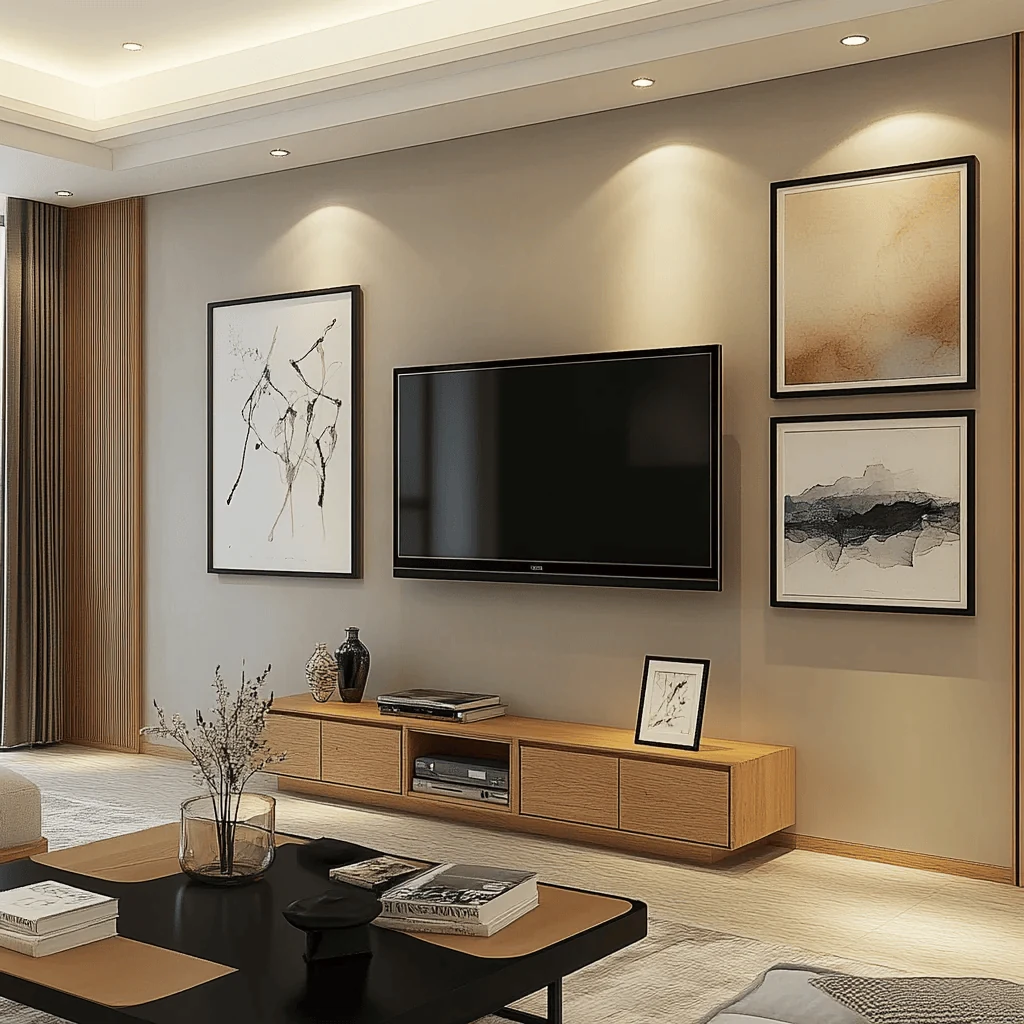 gallery wall arranged around a wall mounted television with abstract art