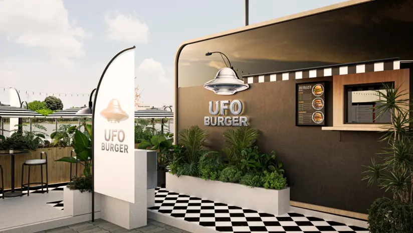 ufo burger facade order window menu wall