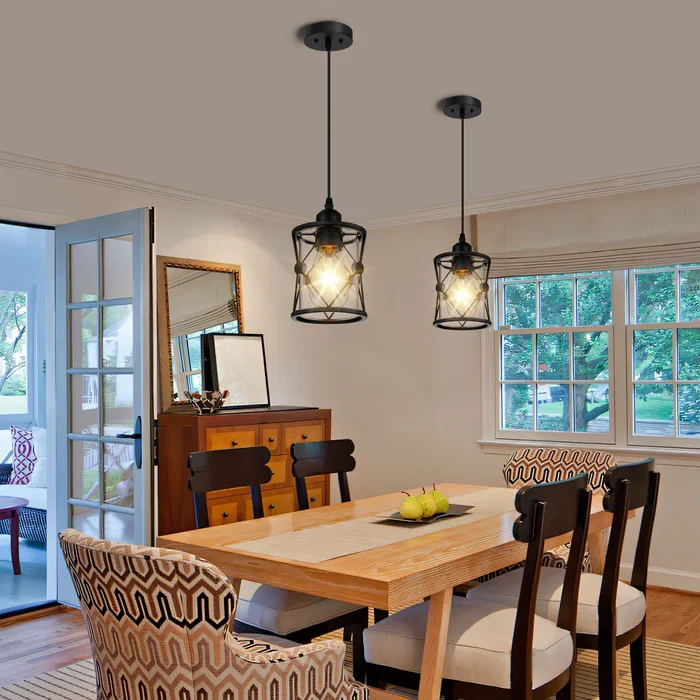 modern kitchen with vintage hanging lights
