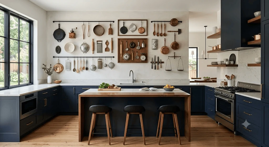 modern kitchen with vintage tools on the wall