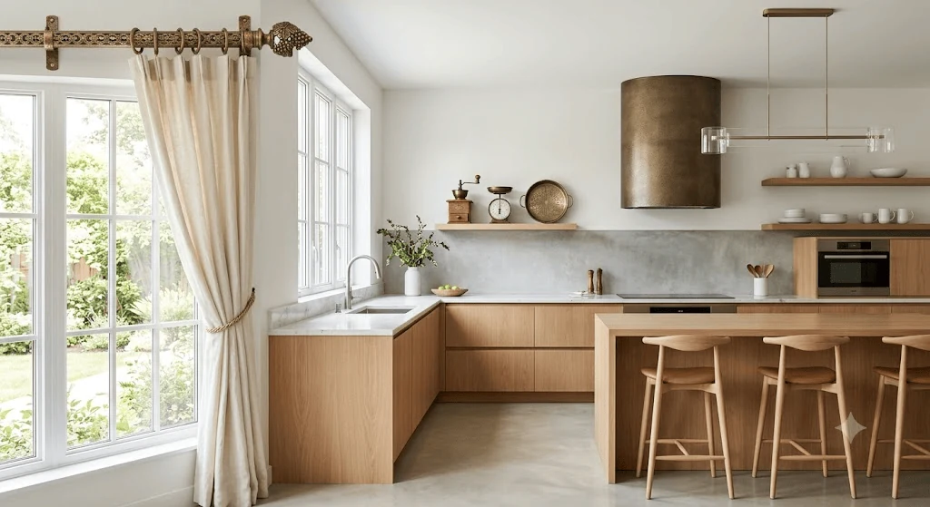 modern minimalist kitchen with vintage curtain hardware