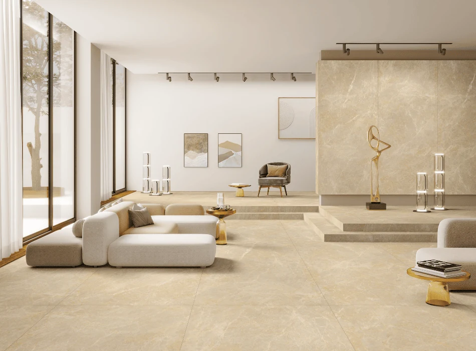 warm beige flooring tiles for a family friendly living room