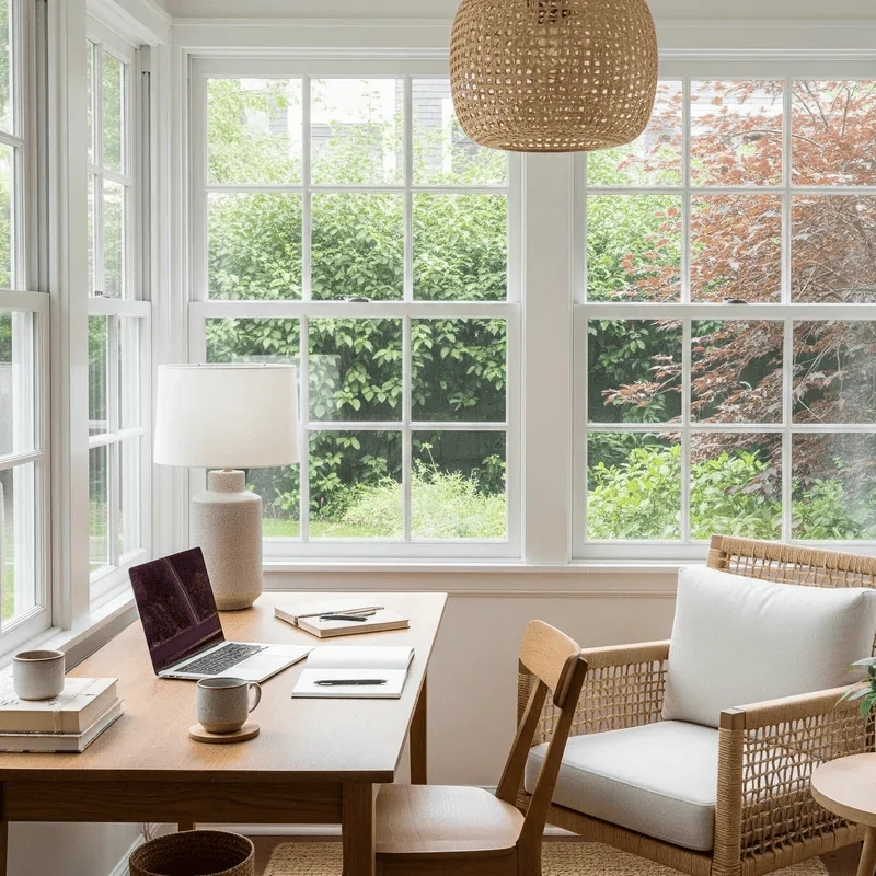 sunroom ideas for a dual purpose workspace with floor to ceiling windows
