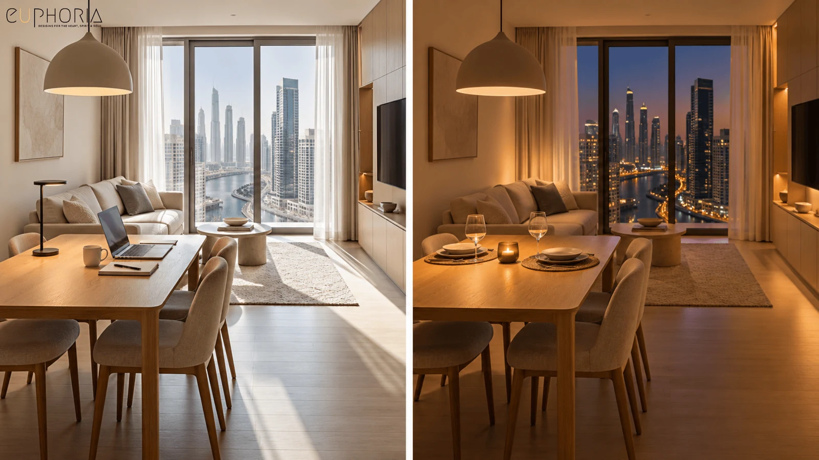 dining corner by the window in a 1bhk apartment during the day and in the evening