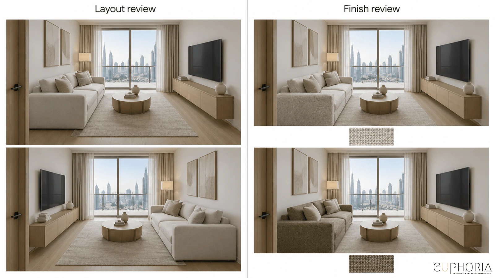 layout review and finish review stages for a 1bhk apartment