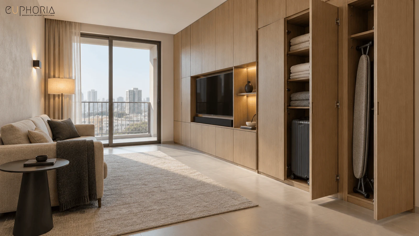 living area with built in storage and a television wall in a 1bhk apartment