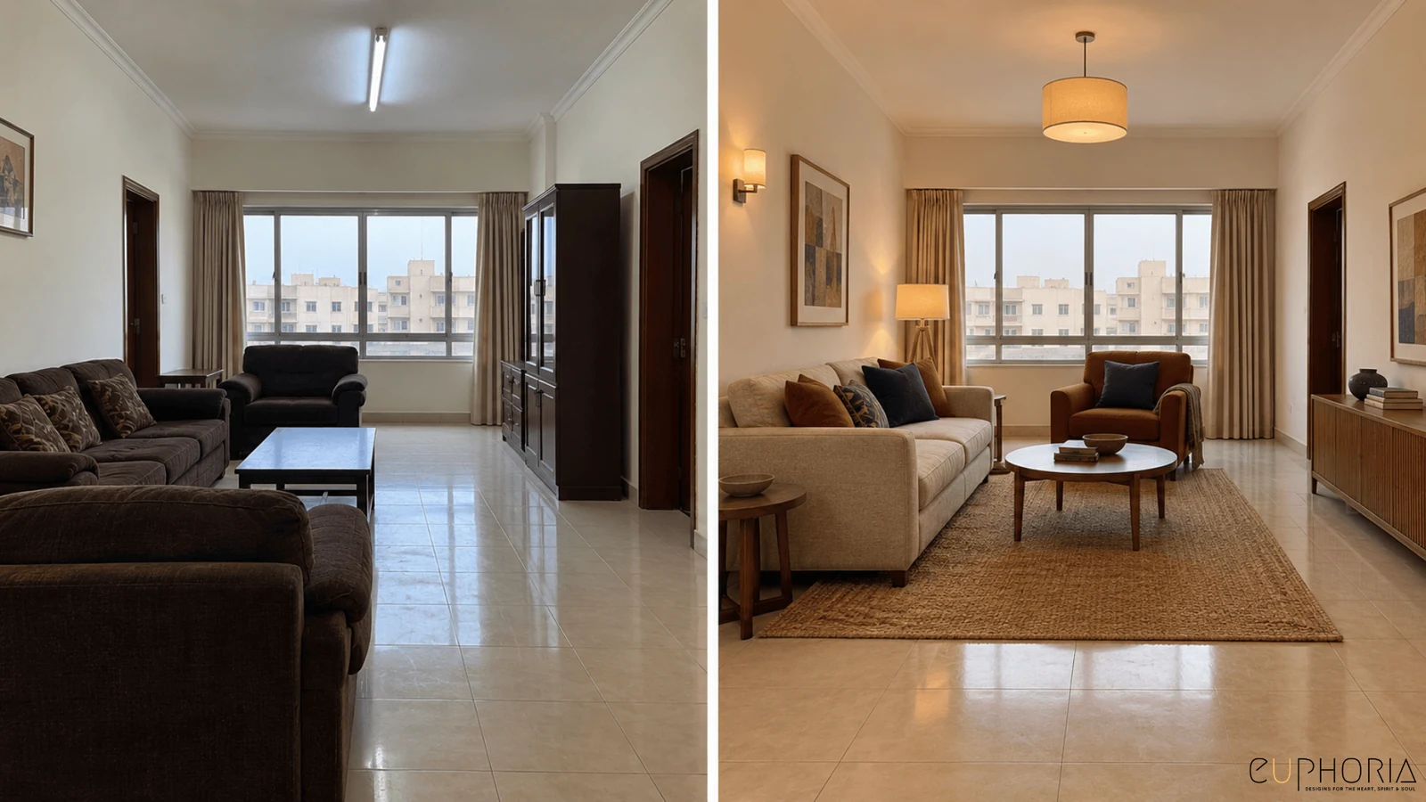 living room before and after in a 1bhk apartment