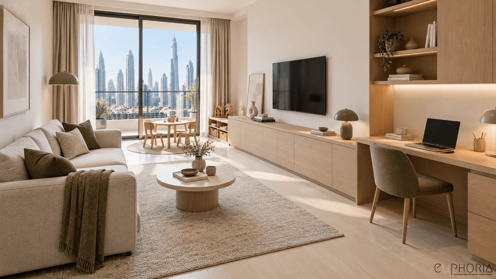 living room with a media wall and a study desk in a 1bhk apartment