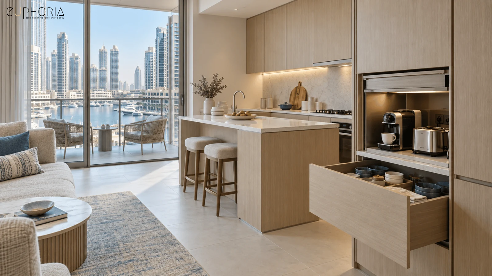 open kitchen and living area in a 1bhk apartment with a marina view