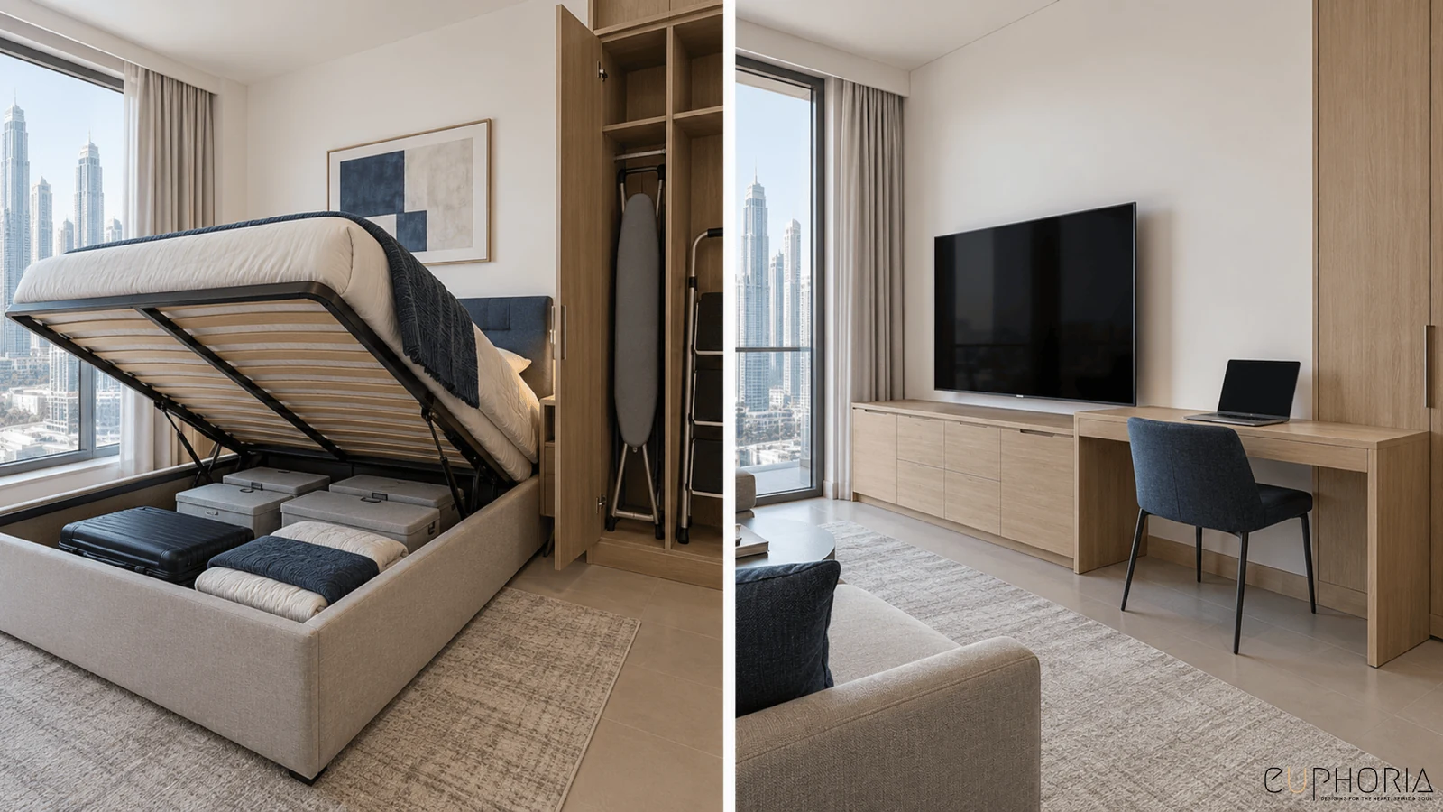 hydraulic storage bed and a media wall with a desk in a 1bhk apartment