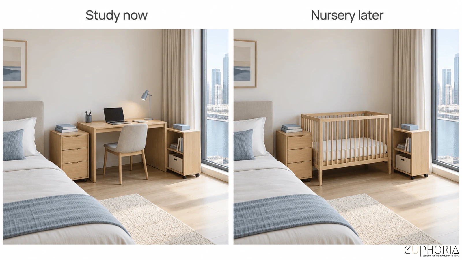 the same room used as a study now and a nursery later in a 1bhk apartment