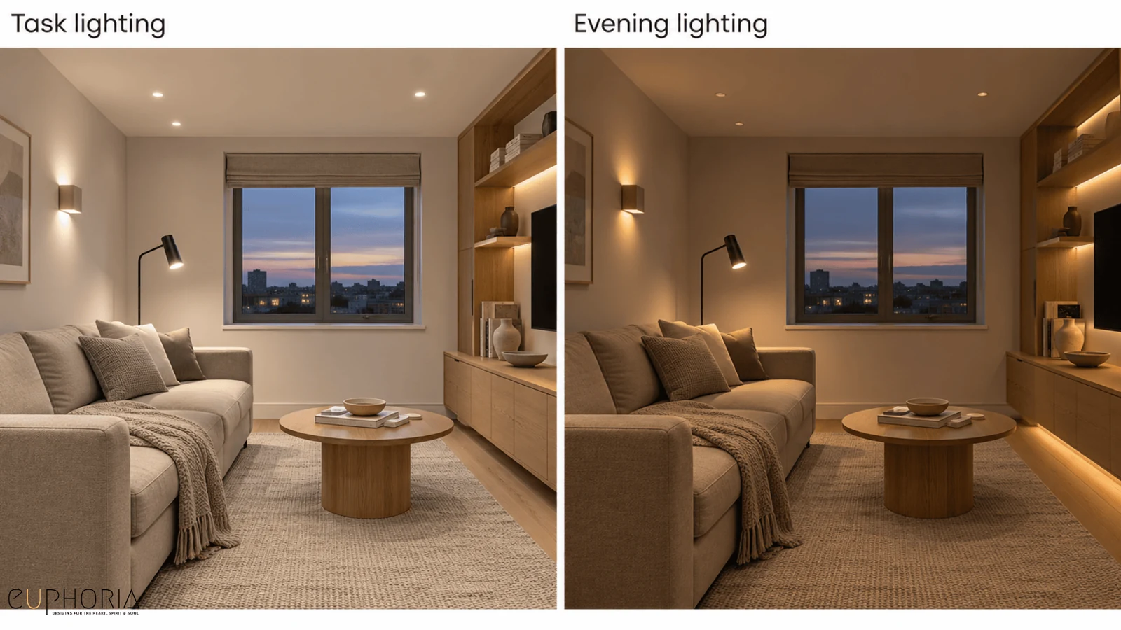 task lighting and evening lighting in a 1bhk living room