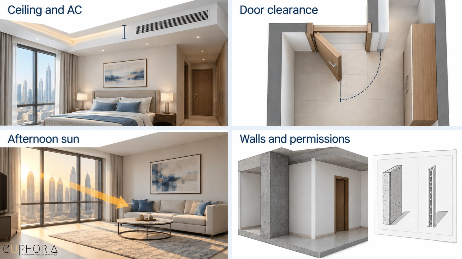ceiling and ac door clearance afternoon sun and wall permissions in a 2bhk interior design apartment