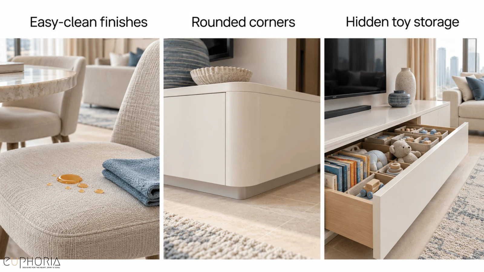 easy clean finishes rounded corners and hidden toy storage in a 2bhk apartment