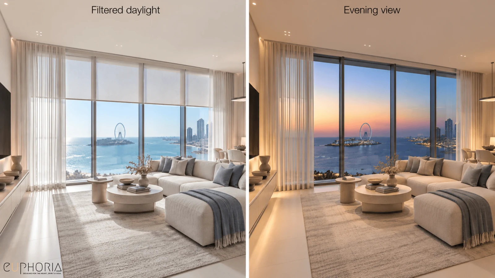 filtered daylight and the evening view in a 2bhk living room