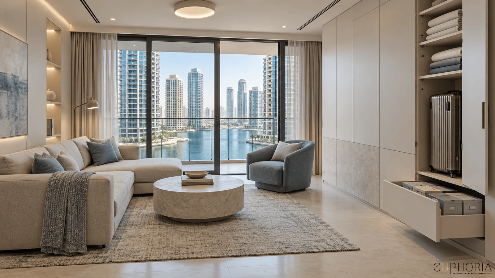 living room with built in storage in a 2bhk interior design apartment