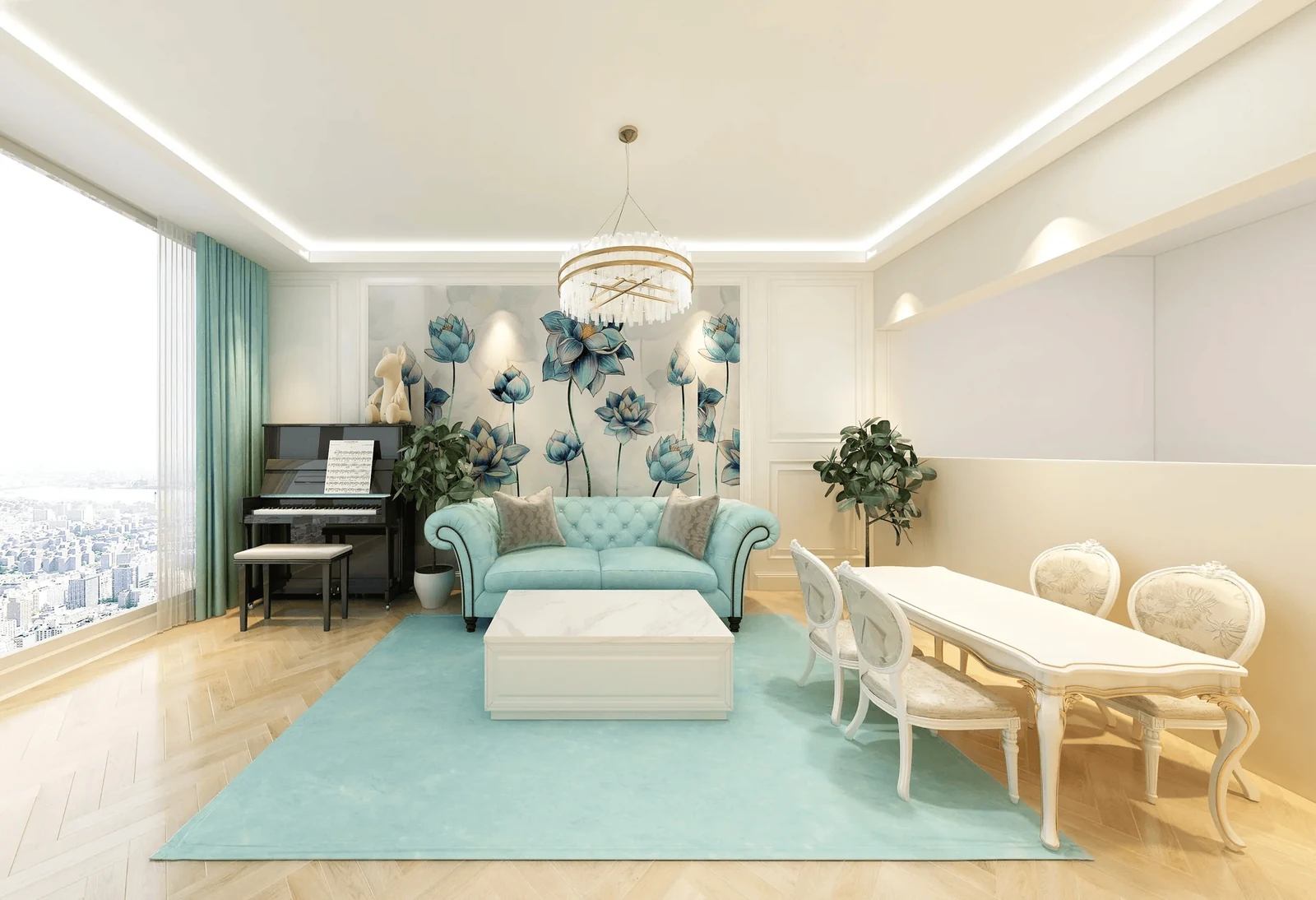 pastel living and dining room in a 2bhk apartment