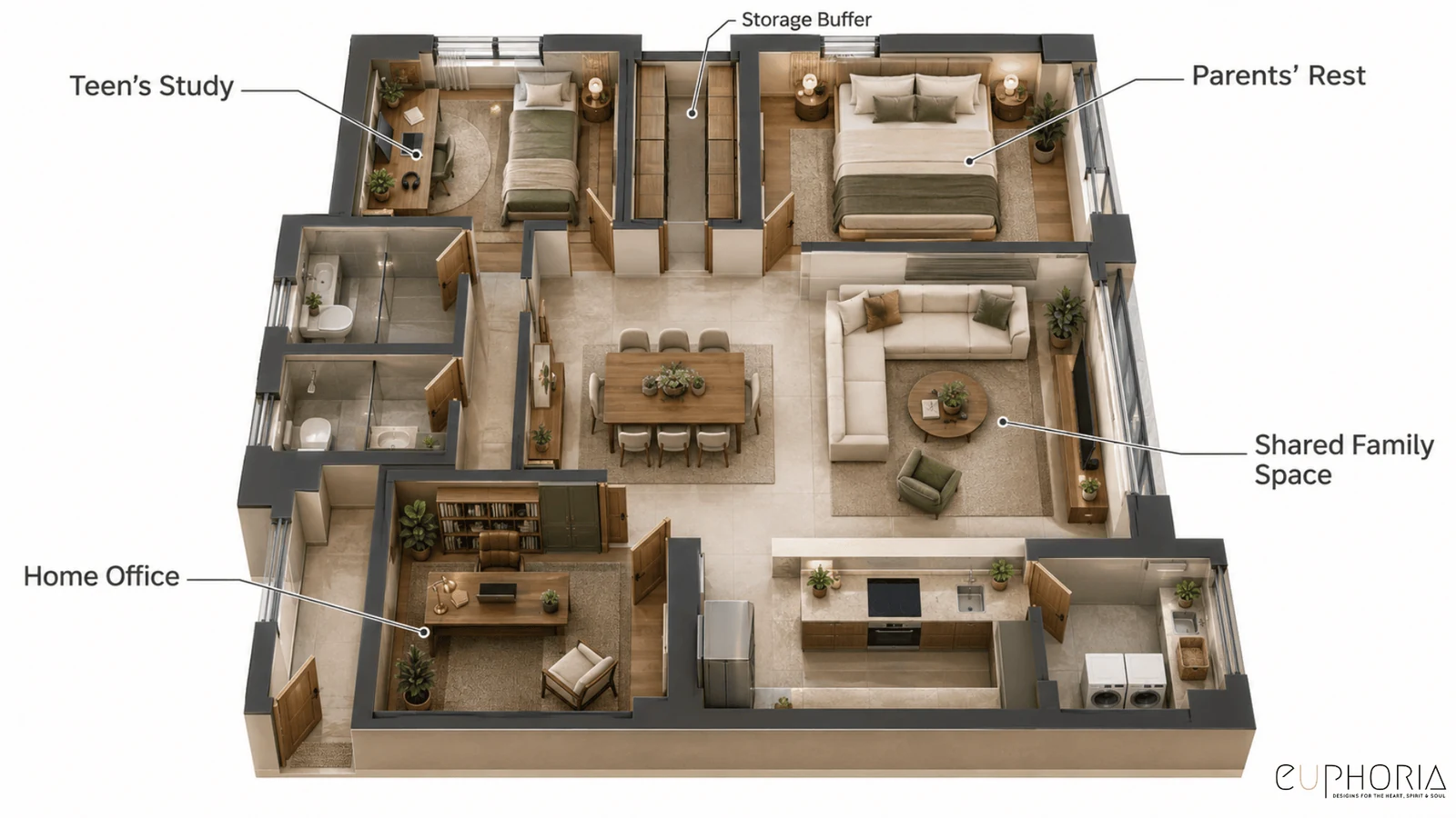 labelled 3bhk floor plan showing parents rest teens study home office and shared family space