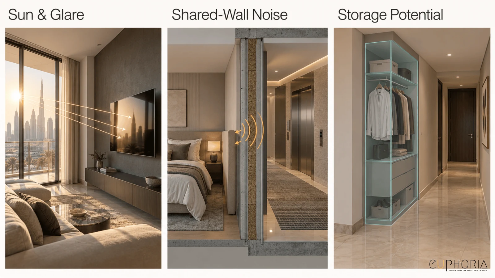sun and glare shared wall noise and storage potential in a 3bhk apartment