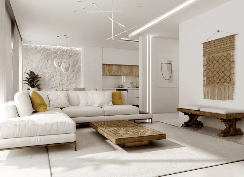 mediterranean interior style apartment living room with a white sofa and textured wall