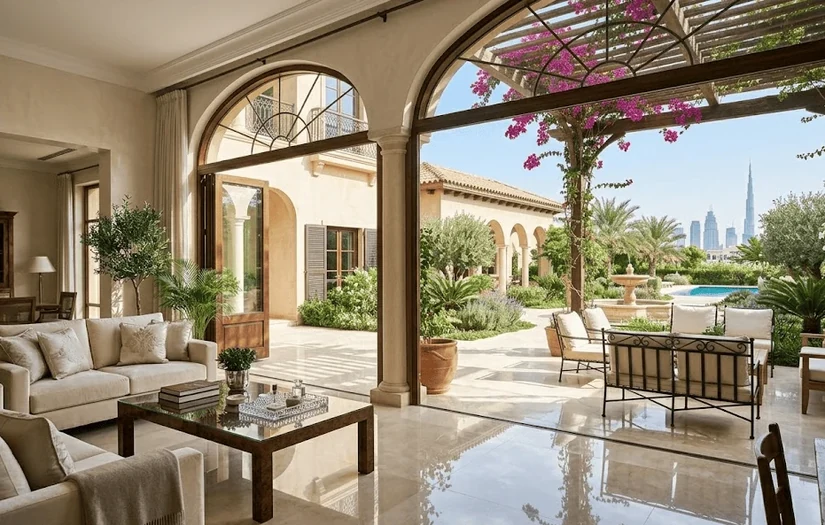 mediterranean interior style living room with arched doors opening to a dubai garden