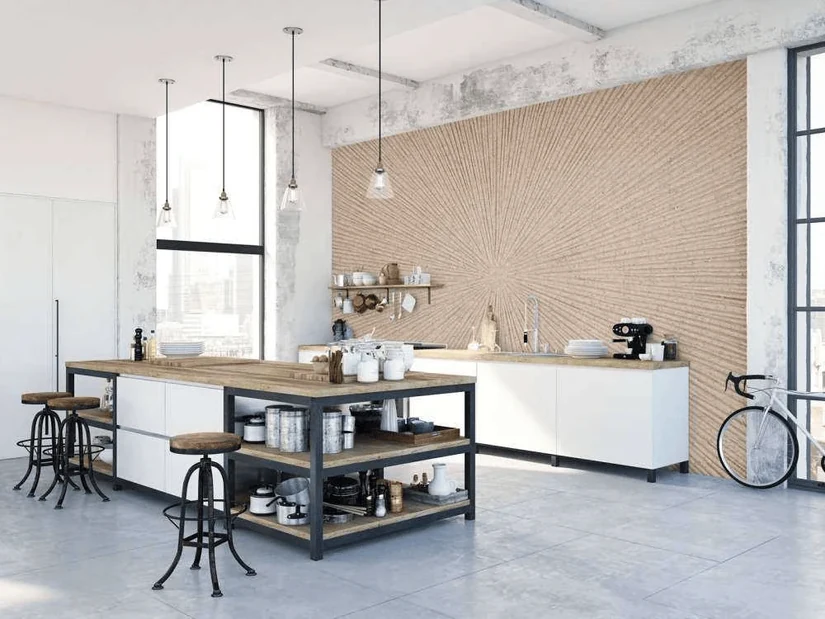 white kitchen with a blush textured kitchen wallpaper wall and an industrial island