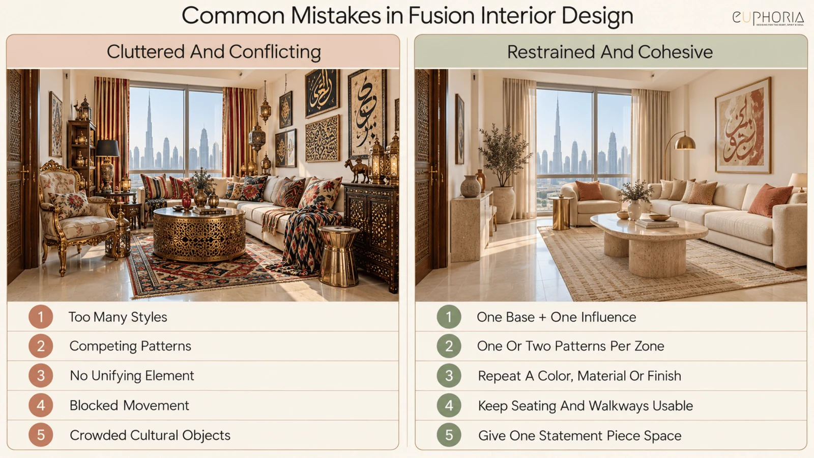 common mistakes in fusion interior design cluttered room versus cohesive room