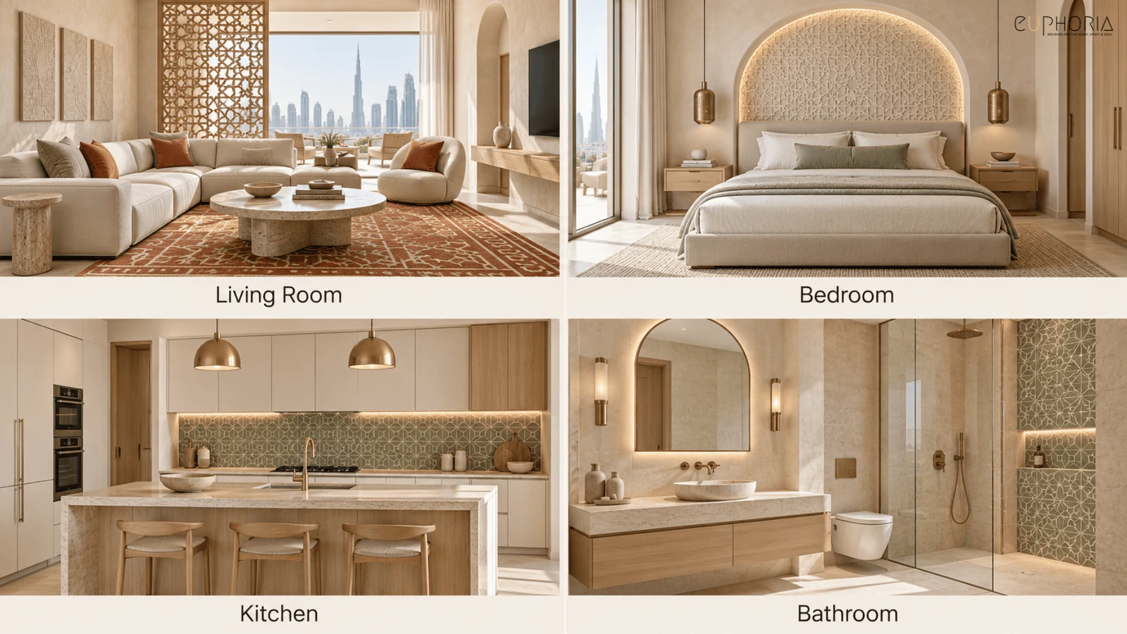 fusion style interior design in a dubai living room bedroom kitchen and bathroom