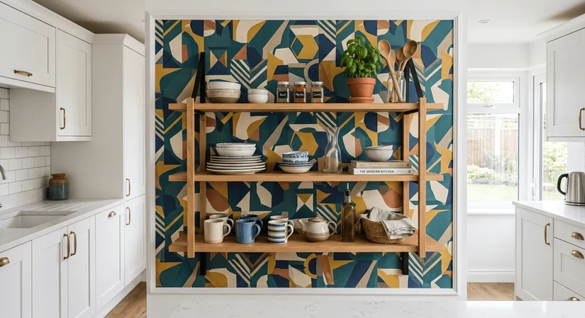 modern kitchen wallpaper in a bold geometric print behind open wooden shelves