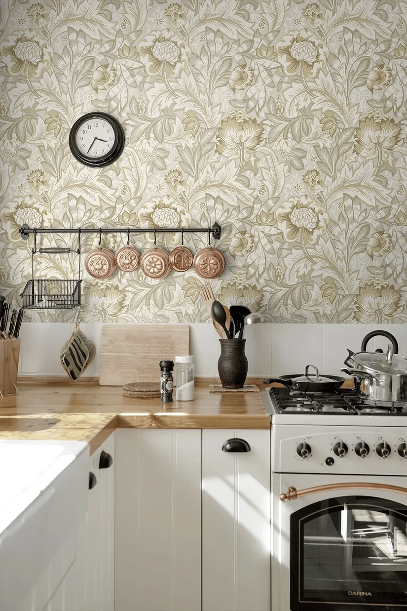 light floral wallpaper for small kitchen walls with copper pans and a cooker
