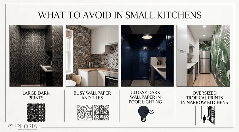 small kitchen wallpaper mistakes such as large dark prints and busy patterns