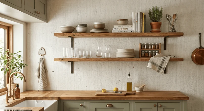 textured wallpaper for kitchen walls behind open shelves in a calm cream kitchen